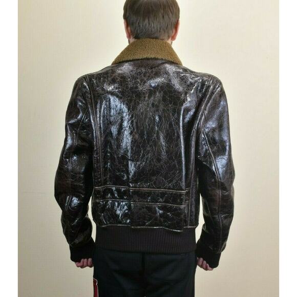 $5K DOLCE GABBANA BROWN CRACKED LEATHER BOMBER SHEARLING ZIP JACKET 54 / US 44 - Picture 4 of 12